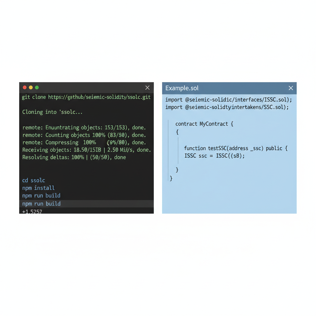 terminal window installing ssolc compiler git clone seismic-solidity code editor with imports