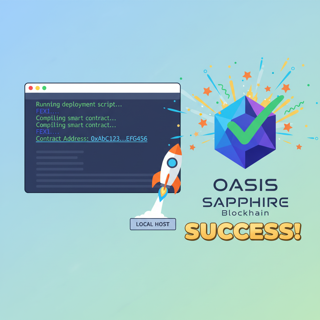 Deployment script running in terminal, contract address printing, rocket launching to Oasis Sapphire blockchain, vibrant success animation