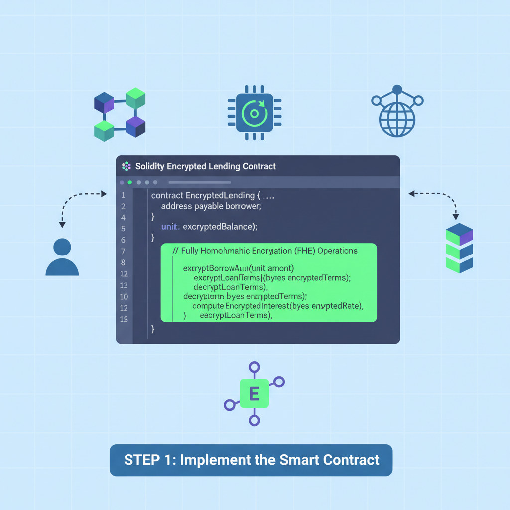 Solidity code editor with encrypted lending smart contract, FHE functions highlighted, blockchain icons