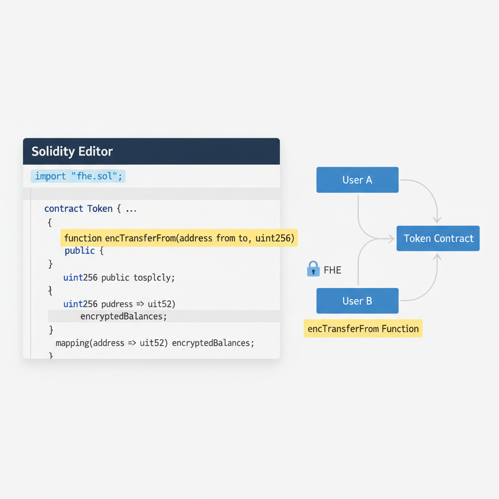 Solidity code editor with encTransferFrom function highlighted, FHE import, contract diagram