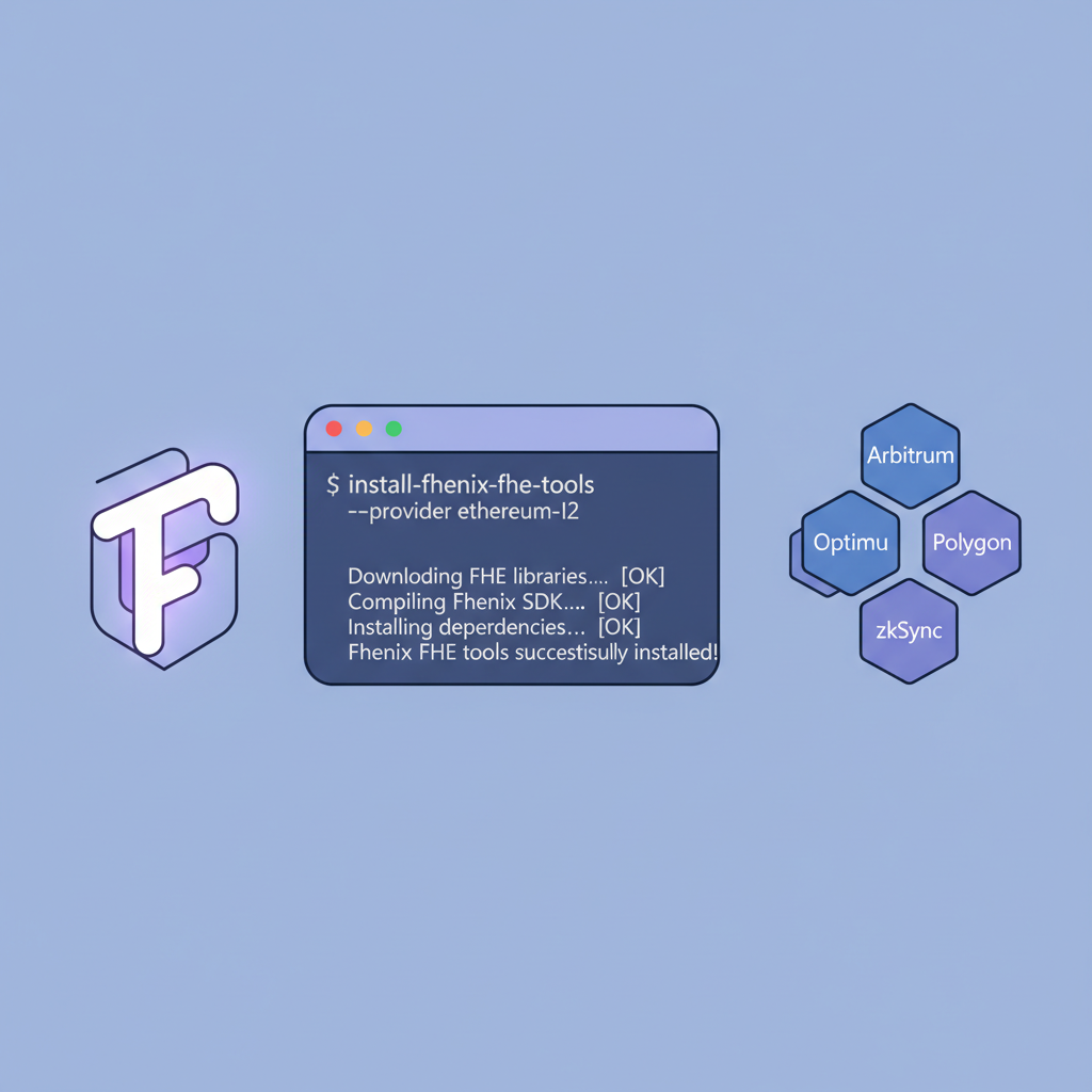 command line installing FHE tools with Fhenix logo and Ethereum L2 chains