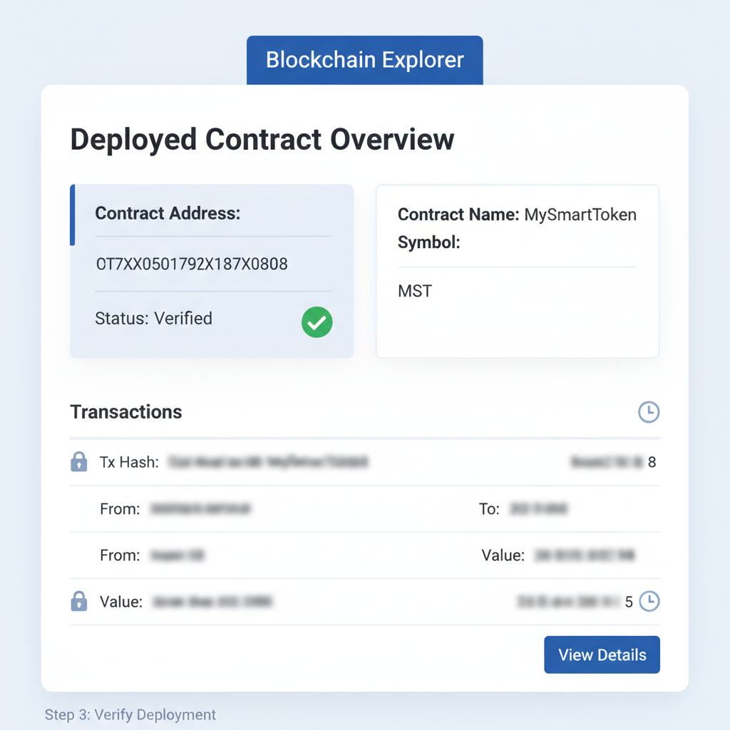 blockchain explorer showing deployed contract, encrypted tx details blurred for privacy