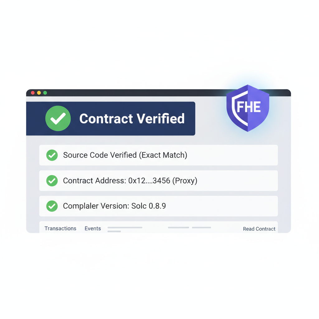 contract verified on block explorer, green checkmarks, Arbitrum logo with FHE shield