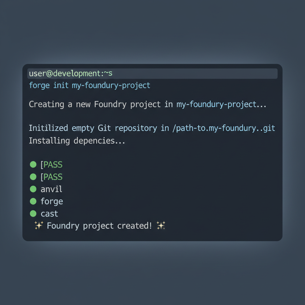 terminal screen showing forge init command for Foundry project on dark background with code syntax highlighting
