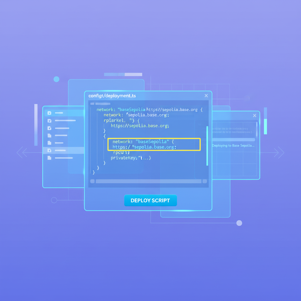 code editor highlighting deployment script config for Base Sepolia, holographic UI