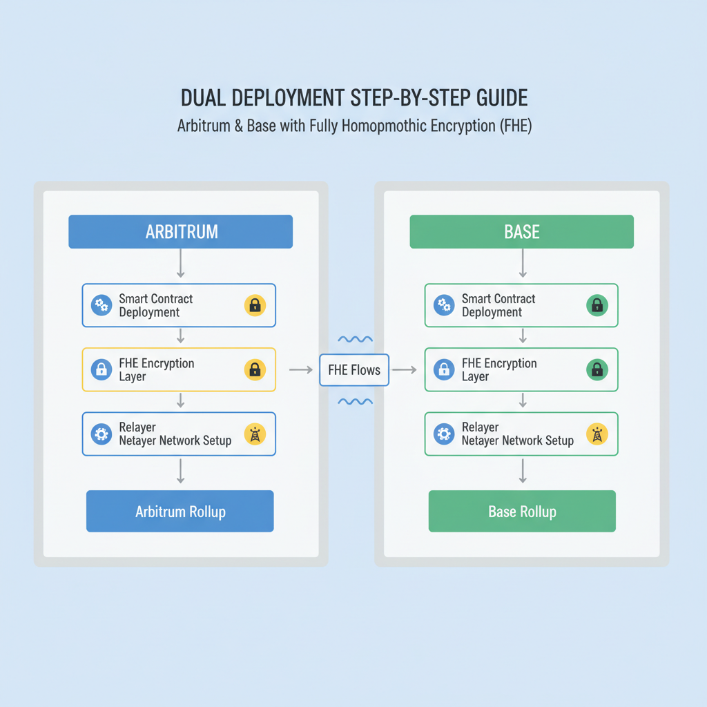 dual deployment dashboard for Arbitrum and Base with FHE flows