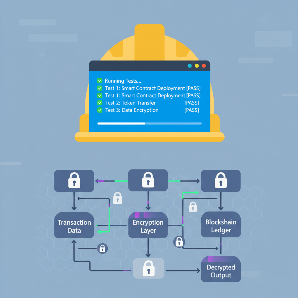 Hardhat terminal running tests, green pass checks, encrypted data flowcharts in blockchain simulation