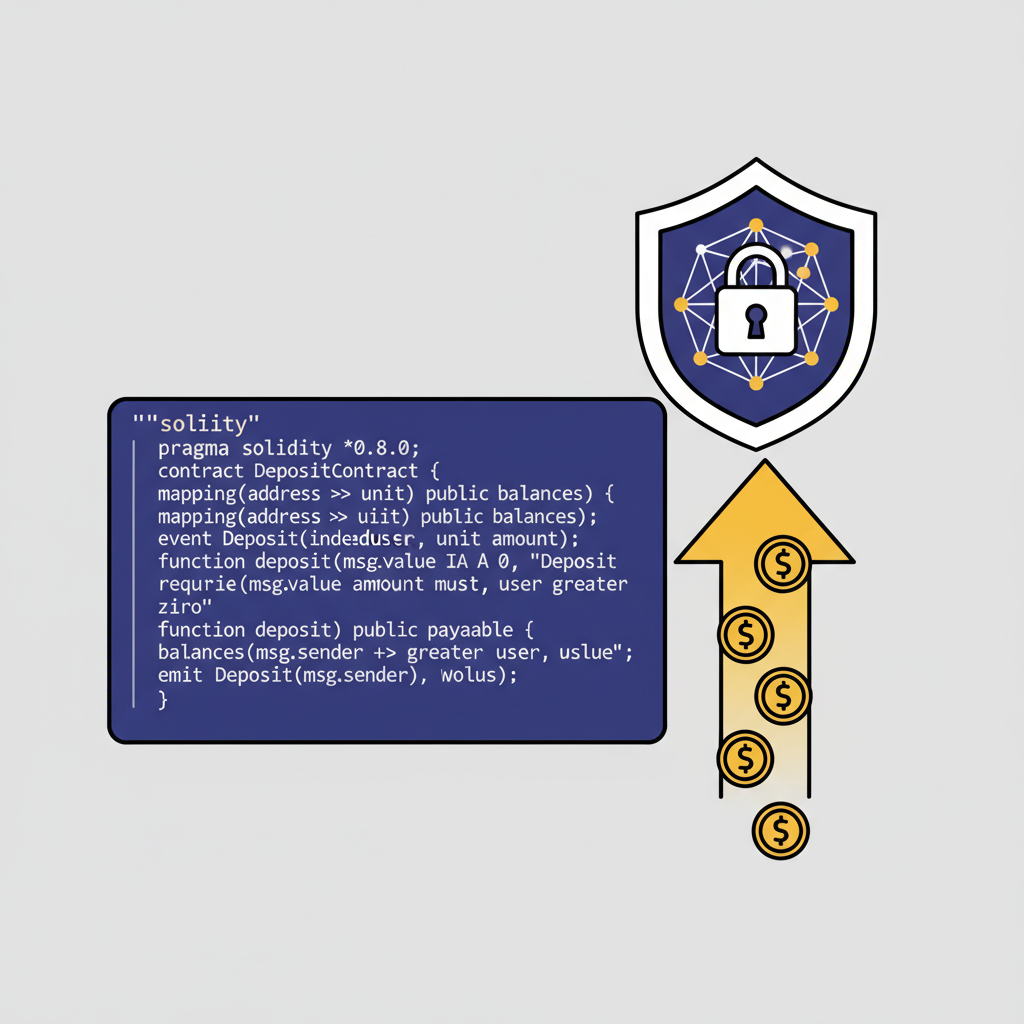 solidity deposit function code, upward arrow with coins, shielded encryption visualization