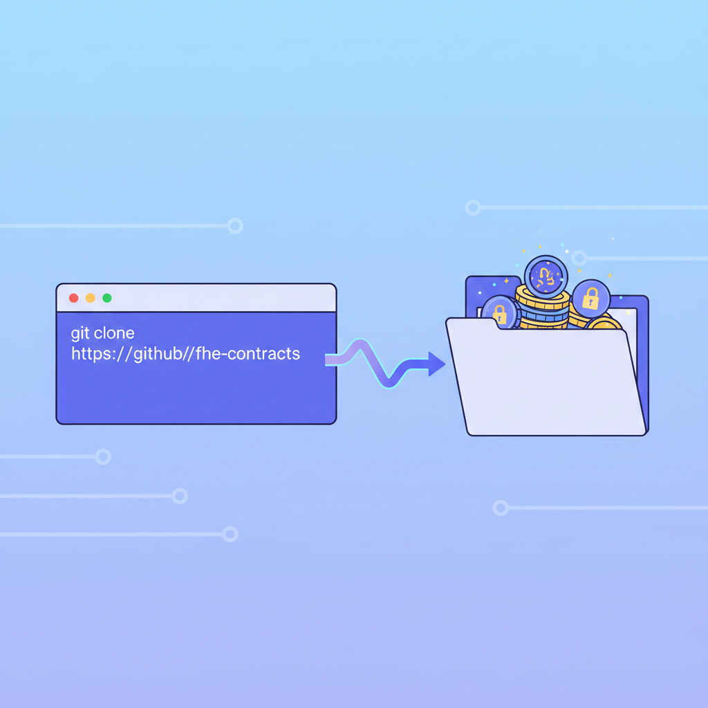 git clone animation pulling FHE smart contract repo, glowing encrypted tokens