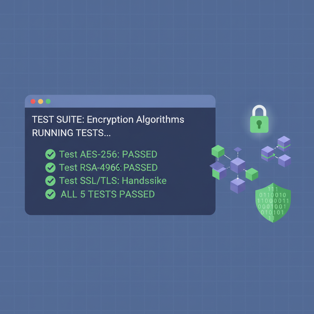 running tests in terminal with green pass checks and encryption visuals