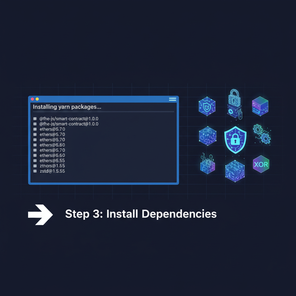 terminal installing yarn packages for FHE smart contract, glowing encrypted data icons
