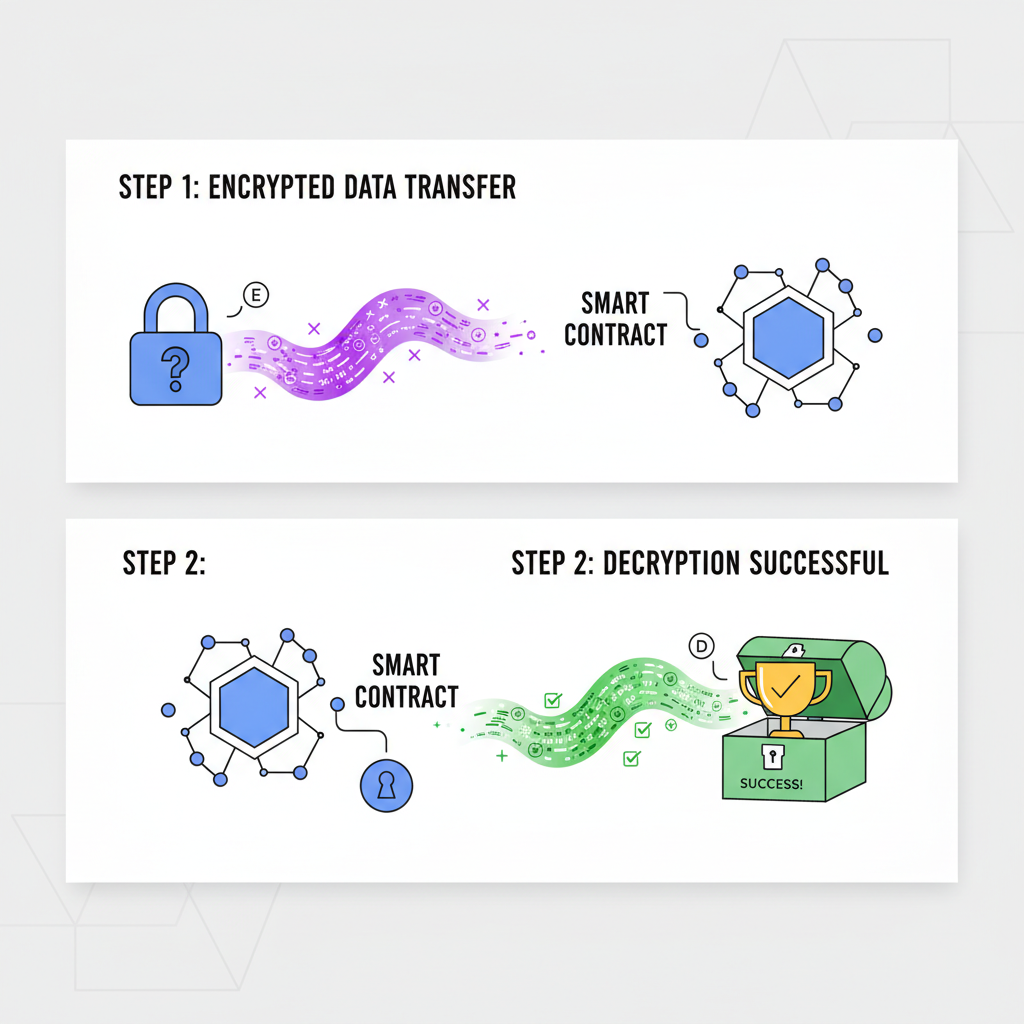 encrypted data flowing through smart contract, decryption reveal success