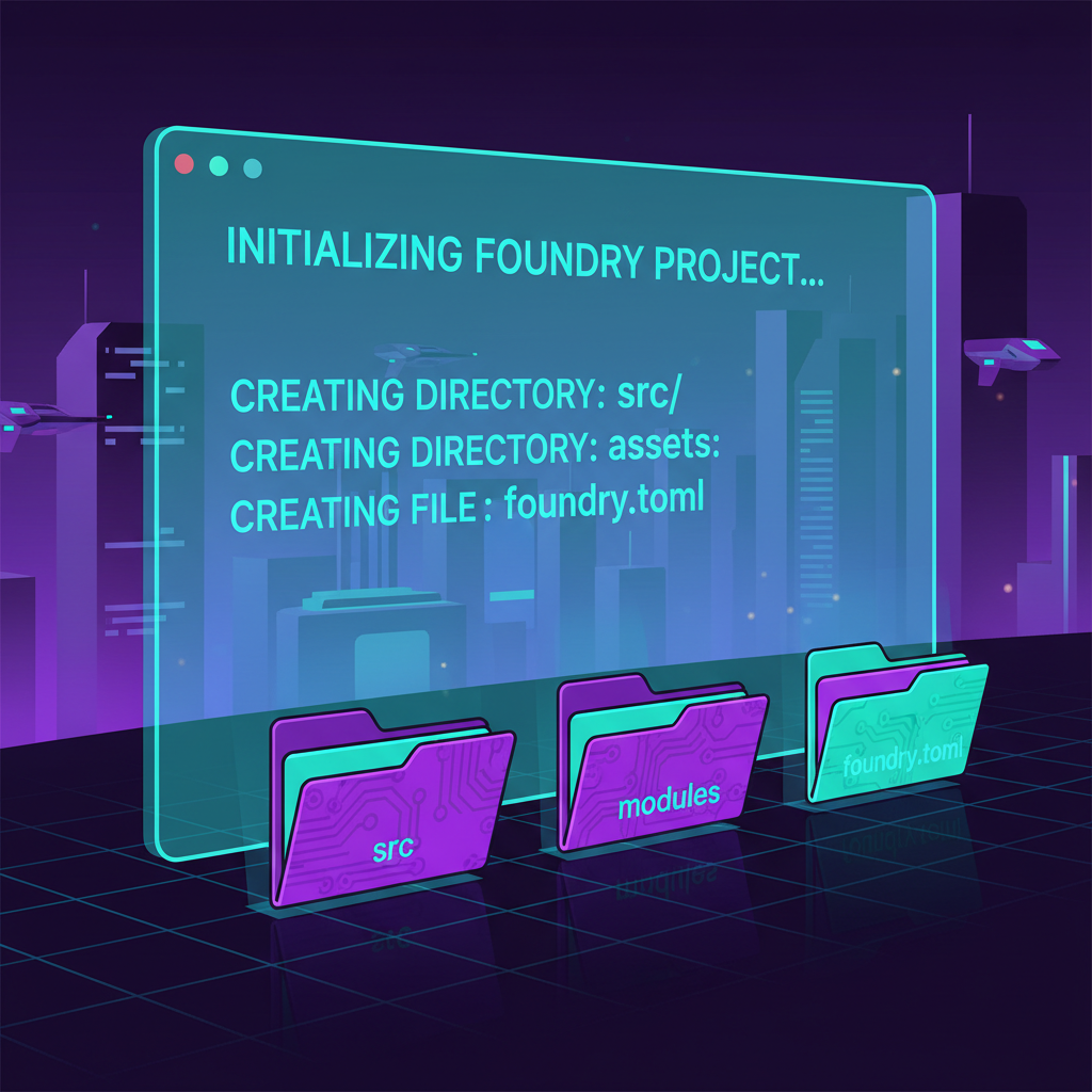 command line initializing Foundry project, code folders appearing, cyberpunk aesthetic