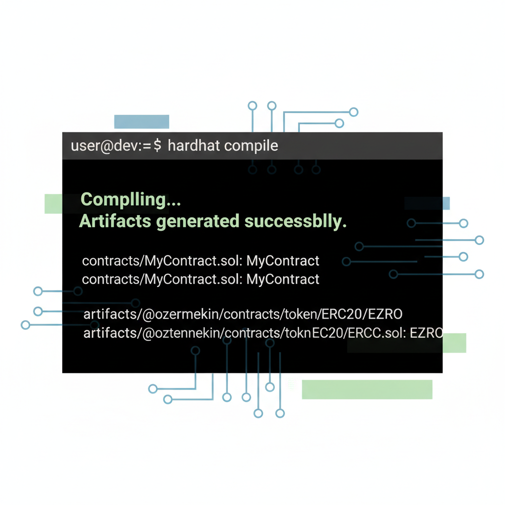 hardhat compile terminal output, success artifacts generated, circuit diagrams subtle