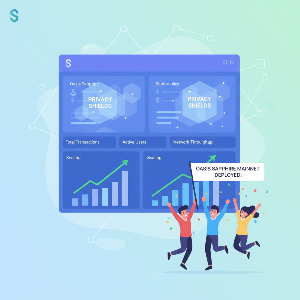 Deployed dApp dashboard on Oasis Sapphire mainnet, privacy shields active, scaling graphs upward, motivational team celebration scene