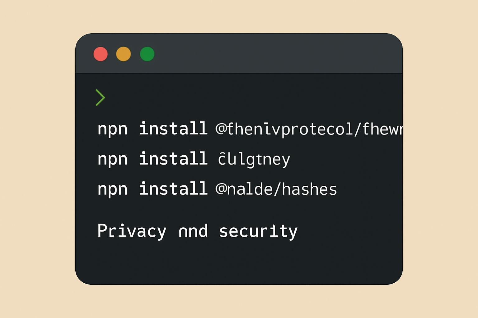 A terminal window showing npm install commands for FHEVM and cryptographic libraries, with a focus on privacy and security.