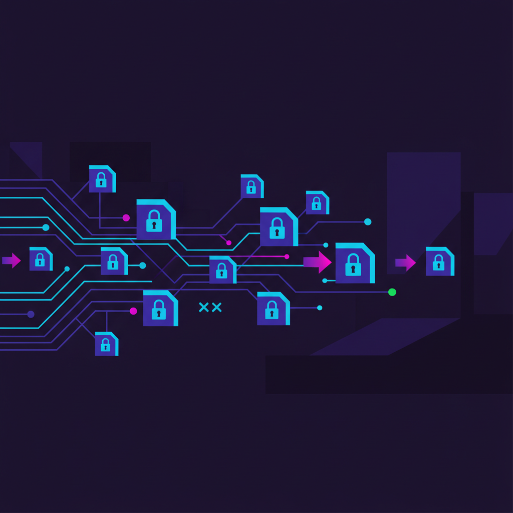 abstract illustration of locked data boxes being added and multiplied by glowing circuits, cyberpunk style, vibrant blues and purples