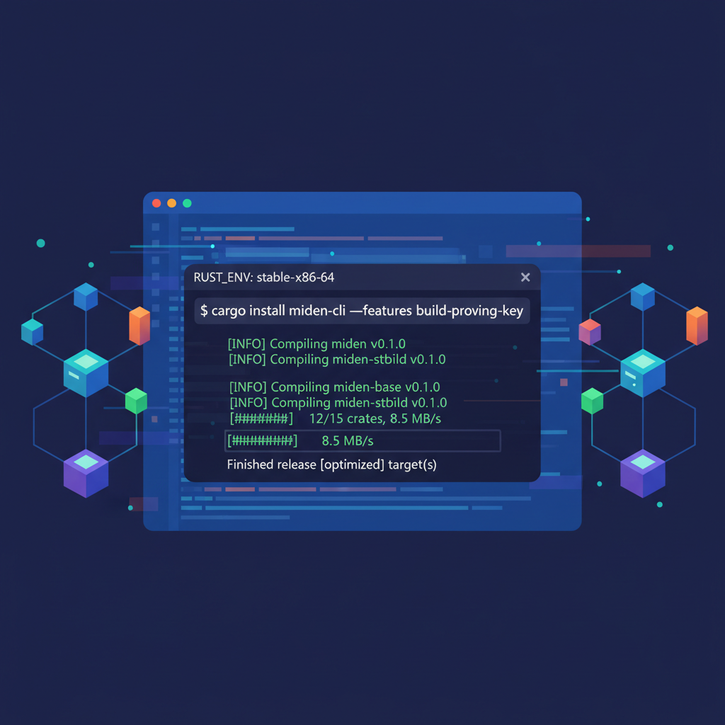 rust terminal installing miden cli tools, code editor background, futuristic blockchain nodes