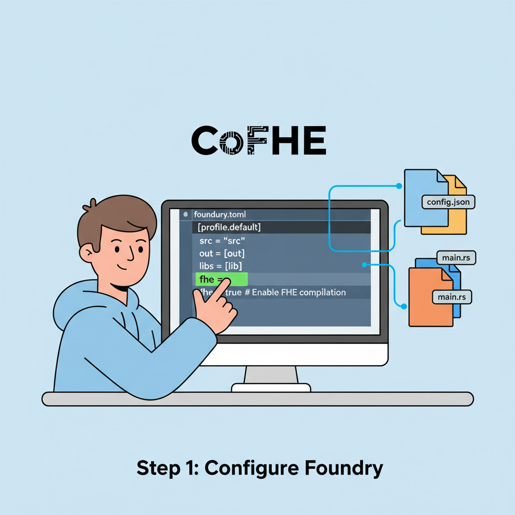 code snippet configuring foundry.toml for FHE, CoFHE logo, config files open