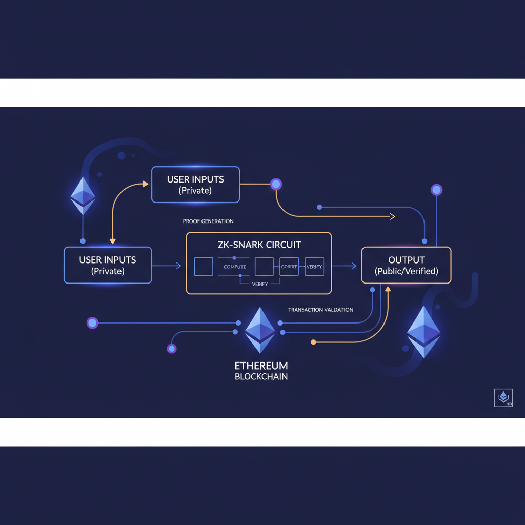zero knowledge proof circuit diagram for defi privacy, glowing nodes ethereum blockchain