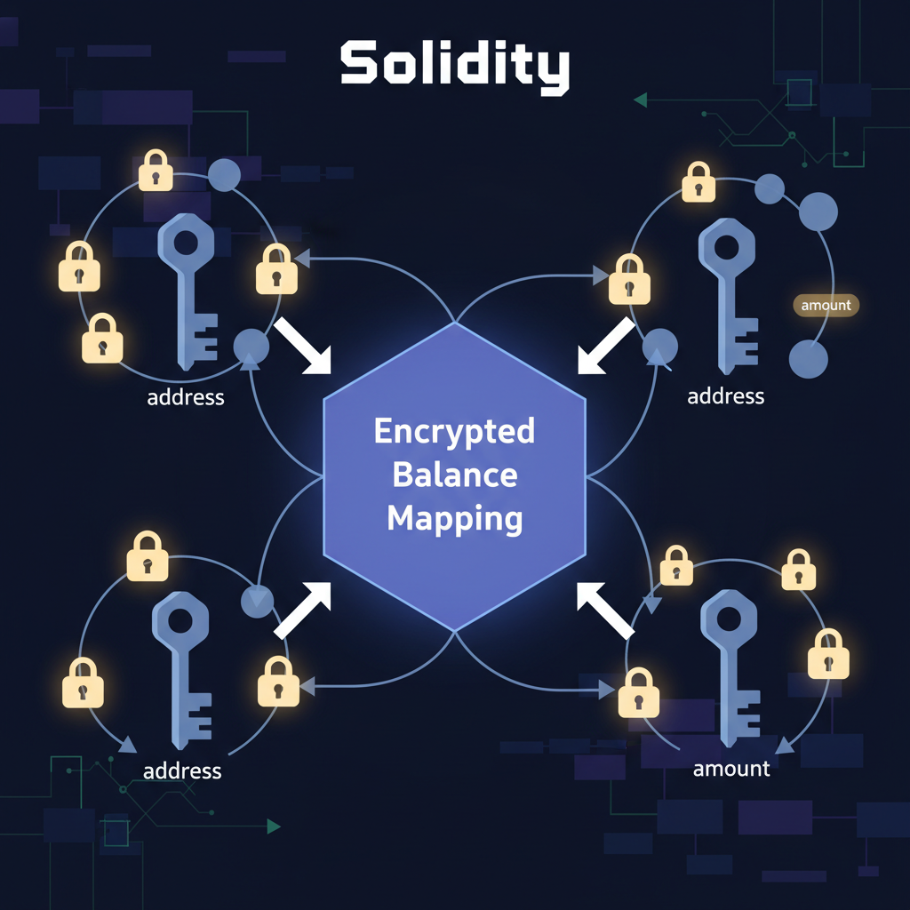 encrypted balance mapping visualization in Solidity, glowing euint256 locks around address keys, dark blockchain network background