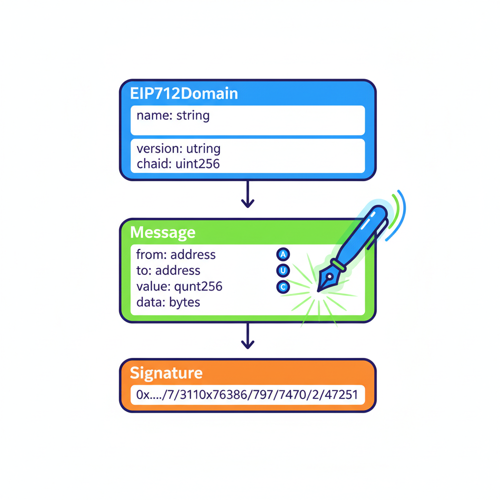 EIP712 signature structure diagram with addresses, uints, chainId, glowing signature pen