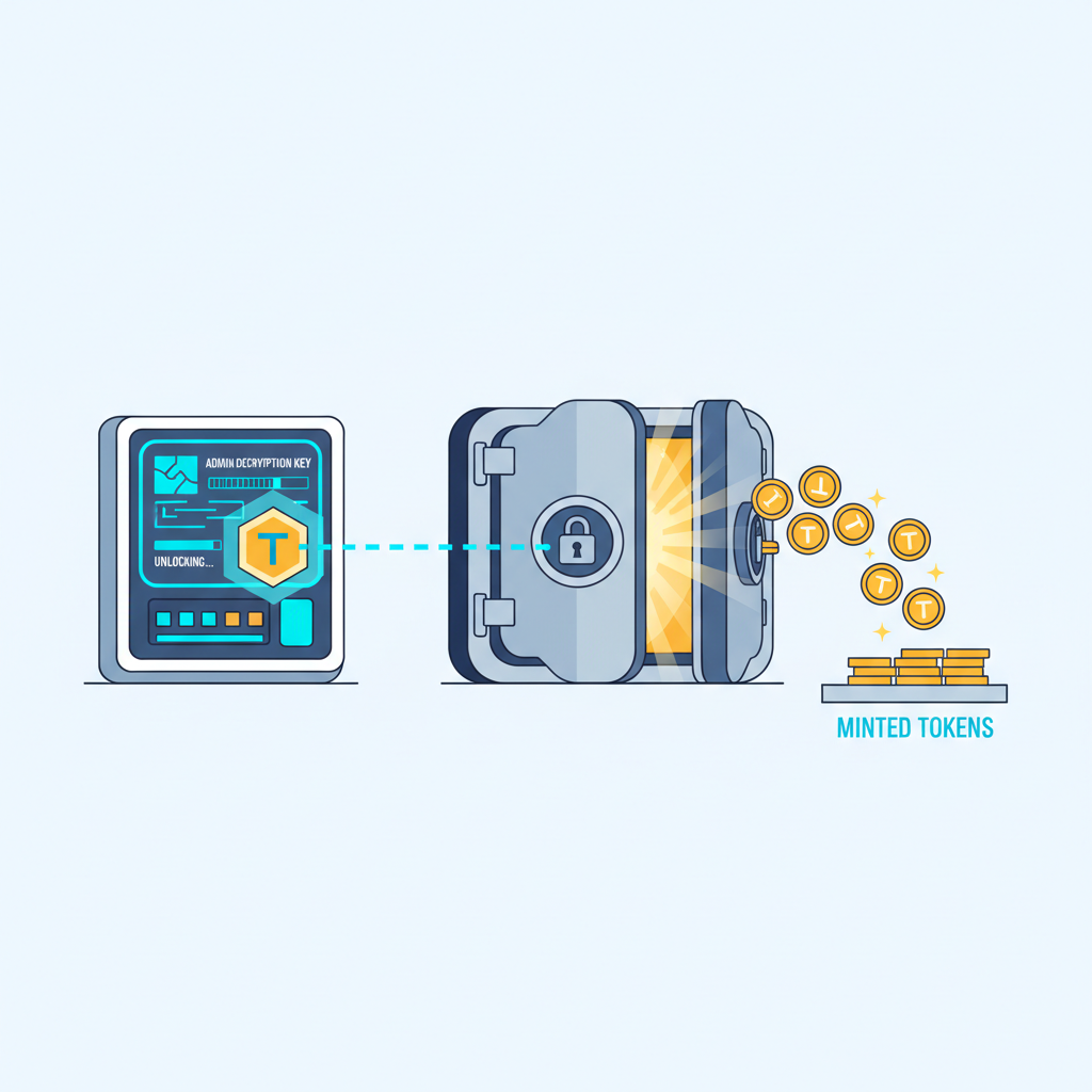 minting tokens with admin decryption key unlocking encrypted vault, golden coins emerging, high-tech control panel