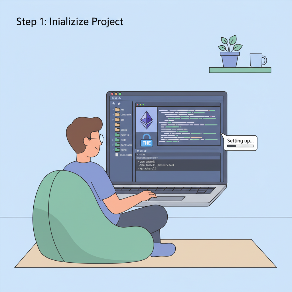 developer setting up coding environment on laptop with Ethereum and FHE icons