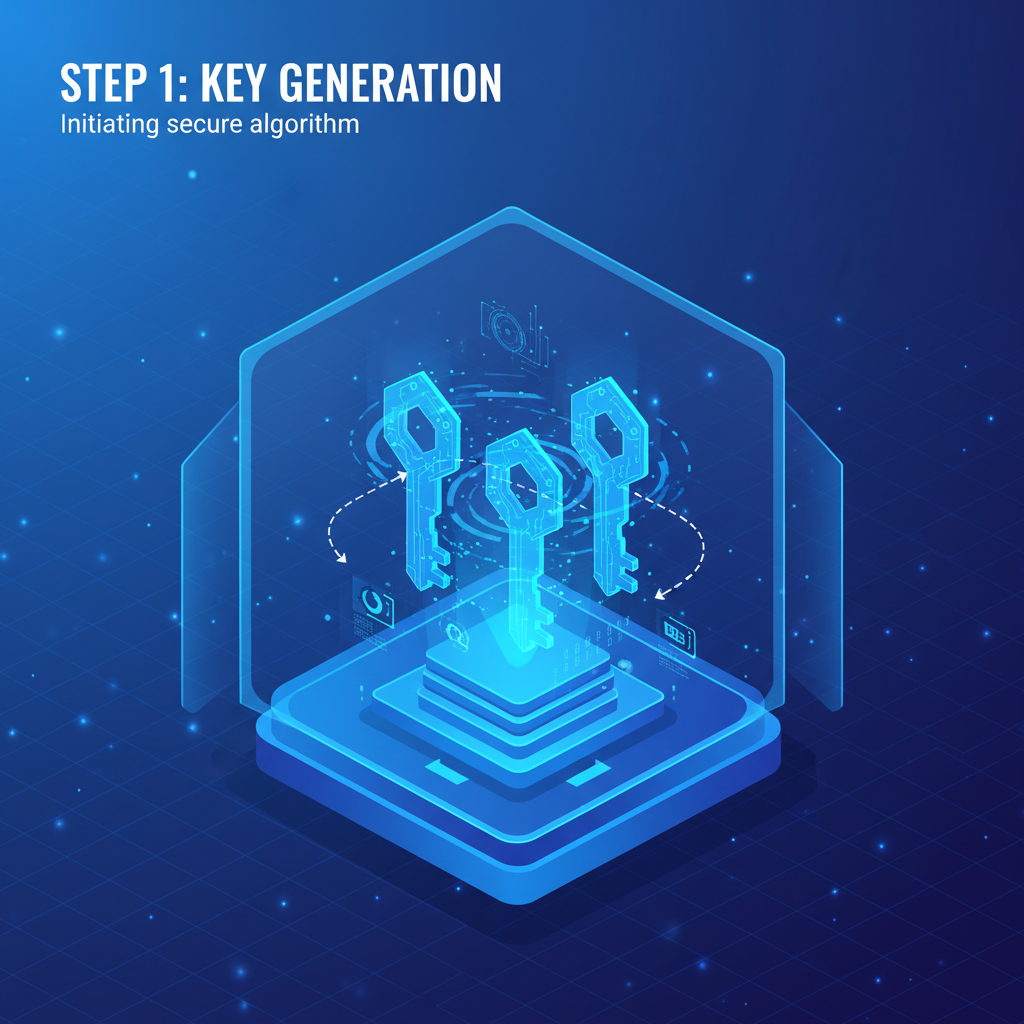 glowing encryption keys forming in digital vault, futuristic blue hues