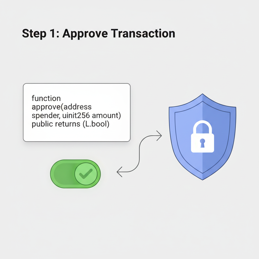 solidity approve function, green checkmark boolean toggle, privacy shield graphic