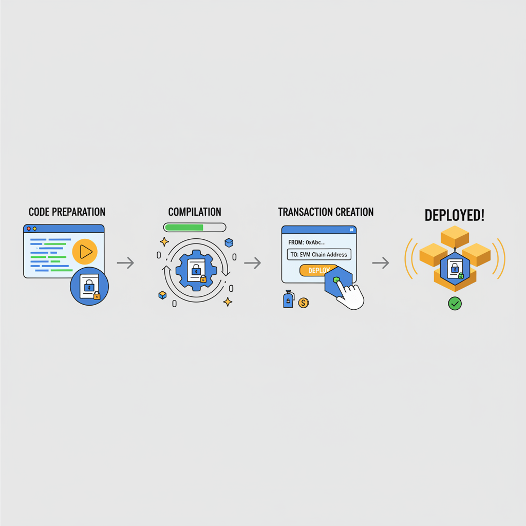 blockchain deployment animation, contract uploading to EVM chain