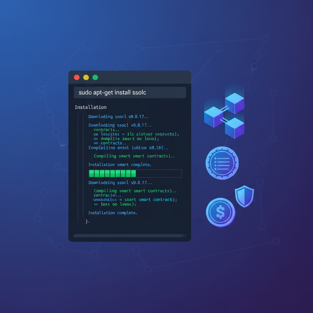 developer terminal window installing ssolc compiler, dark theme, code lines scrolling, blockchain icons