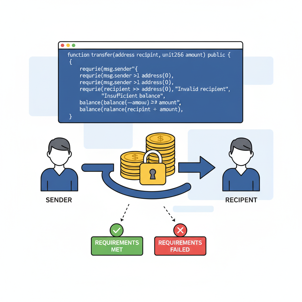 solidity transfer function with require statements, arrow from sender to recipient with locked coins